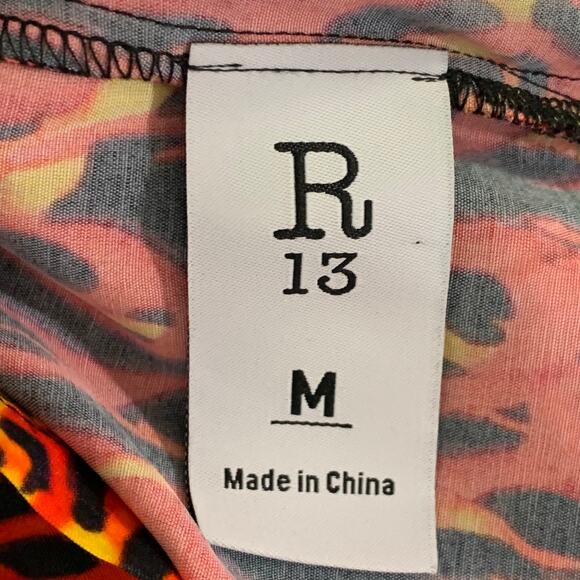 R13 SS20 Size M Orange Yellow Black Flames Viscose One Pocket Short Sleeve Shirt - Picture 6 of 8